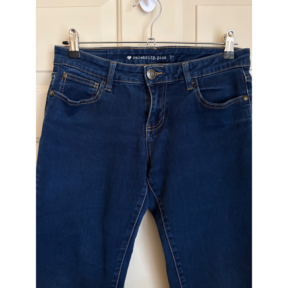 Celebrity Pink Low Rise Flap Pocket Dark Wash Skinny Jeans Size 7 Y2k Indie - Picture 2 of 7